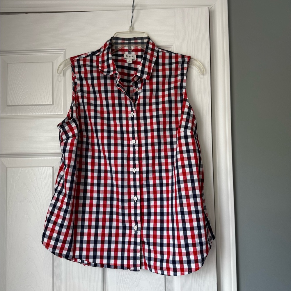 J. Crew Red White Navy Sleeveless Plaid Button-Down Shirt